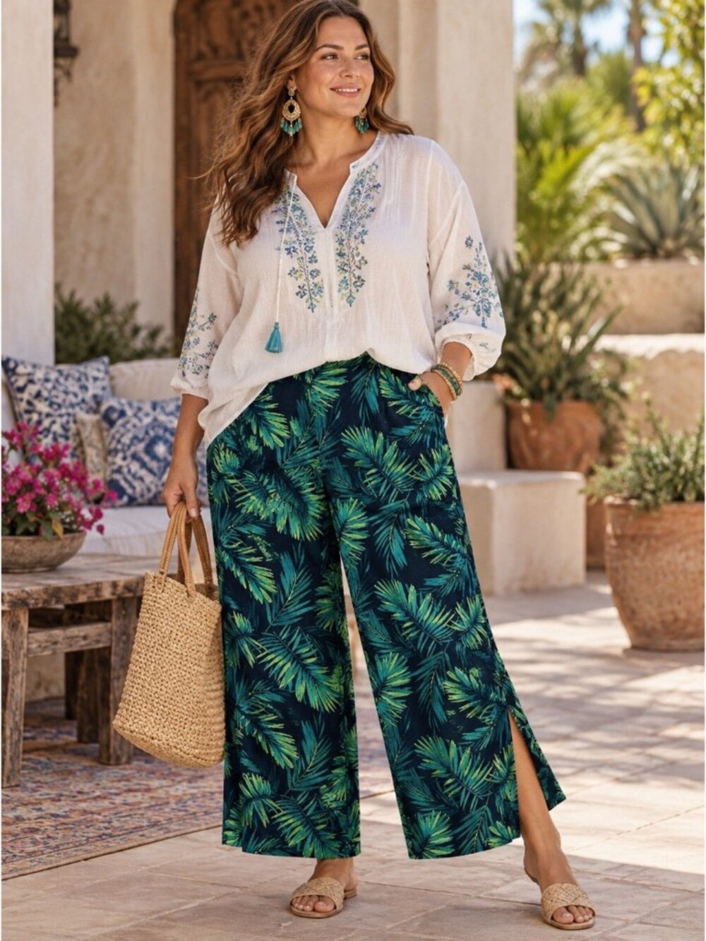 Soft Surroundings Sidnei Pant Sz 1X Green Blue Linen Blend Wide Leg Crop Palazzo